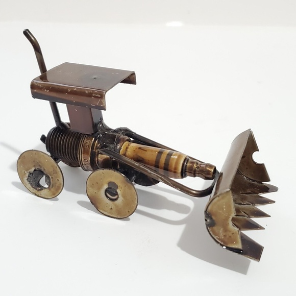 Spark Plug Hand Crafted Metal Sculpture Tractor Figurine Home Office Decor - Picture 1 of 8